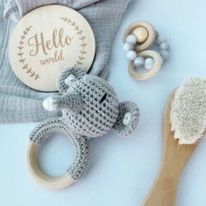 5pc Baby Shower Gift Set- Elephant Rattle, Teething Ring, Brush, Organic Blanket - Picture 1 of 4