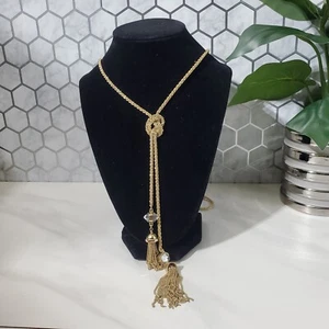 Banana Republic Necklace Gold Tone Y Drop Lariat Tassel with Glass Crystals - Picture 1 of 12
