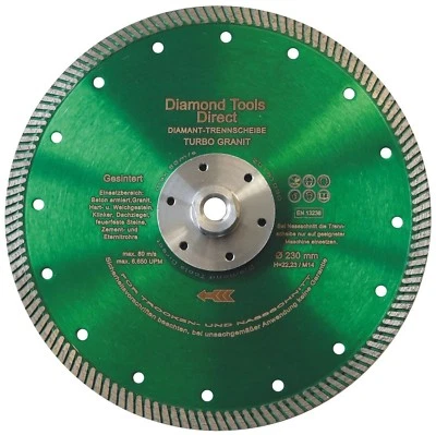 DIAMOND TOOLS DIRECT Diamantscheibe Diamant Trennscheibe Turbo Granit Beton mit Flansch M 14 230 mm