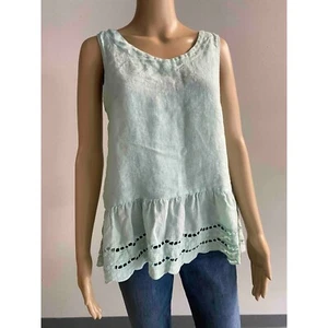 Valentina Naldi Linen Tank Top Ruffle Hem Sleeveless Casual Light Blue S - Picture 1 of 7