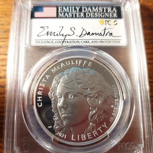 2021 P Christa McAuliffe Silver Dollar - PCGS PR 70 DCAM Emily Damstra Signature - Picture 1 of 5