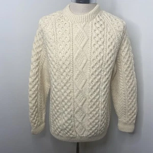 Blarney Woollen Mills Cable Knit Wool Sweater Cream Fisherman Crew Neck Ireland - Picture 1 of 7