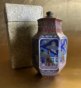 Vtg 3” Small Chinese Cloisonné Enamel Hexagonal With Original Box - Picture 1 of 8