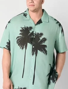 Arizona Big and Tall Mens Short Sleeve Button-Down Shirt AQUA PALM Size 3XLTall - Picture 1 of 4
