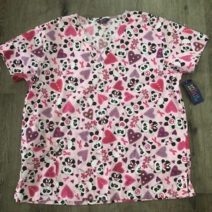 Zikit Women's Sz 1X Pink Purple Hearts Panda Pink Ribbon Mock Wrap Scrub Top New - Picture 1 of 9