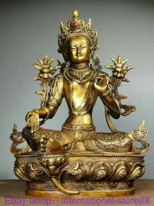 12.6" Old Tibetan Bronze Gems Buddhism Green Tara Enlightenment Goddess Statue - Picture 1 of 9