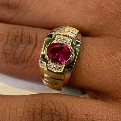 Natural Ruby & CZ Gemstones With 925 Sterling Silver Gold Plated Ring For Men #4 - Image 1 of 4