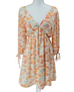 Mini Abito Romantico Avorio Floreale Elastico Scollo a V Relax Fluido Con Cravatta Manica a Sbuffo - Foto 1 di 6