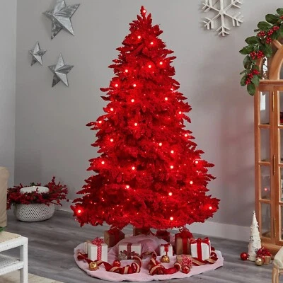 8’ Red Flocked Artificial Christmas Tree w/700 LED’s 45 Globe Bulb. Retail $927 - Image 1 of 4