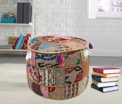 Indian Vintage Embroidered Patchwork Round Seating Pouf Cover Footstool Ottoman - Image 1 of 4
