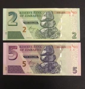 UNC Zimbabwe $2 & $5 Dollars Bond Notes Early 2016 Set - Picture 1 of 3