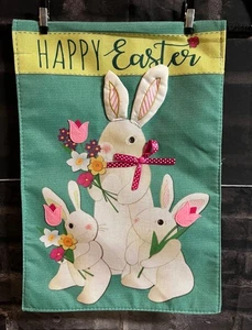 Feliz Pascua Jardín Bandera 12.5"X17” Conejitos Verde Amarillo - Imagen 1 de 4