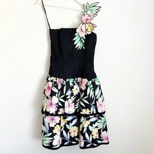 Vtg 80s Victor Costa Floral Black Bustier Dress Corsage Shoulder Tier Flare Drop - Picture 1 of 12