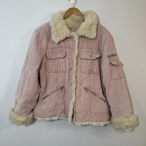 Giacca vintage JLO donna XL rosa velluto a coste pelliccia sintetica sherpa Jennifer Lopez Y2K - Foto 1 di 9