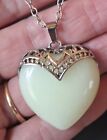 Silver Vaseline Uranium Glass Pendant Necklace Opalescent Heart