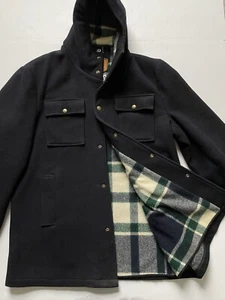 Vtg Woolrich Coat Womens 40 Navy Wool Blend Plaid Wool Lined Leather Tag Hooded - Picture 1 of 10