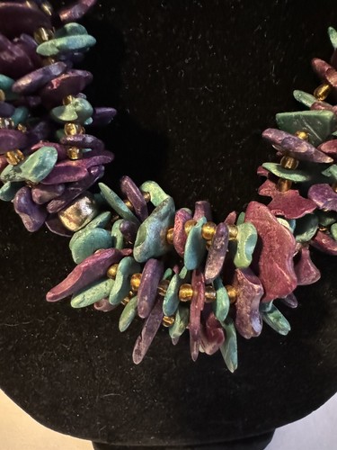 VETEMENTS Collana Boho Vintage Viola Turq Blu Oro Fatta a Mano 3 Fili Semi Torti Perline Anni 80