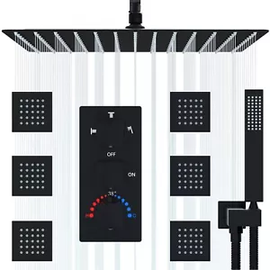 Thermostatic Shower Faucet Set System Black 16" Rainfall Shower Head Combo Kits - Picture 1 of 8