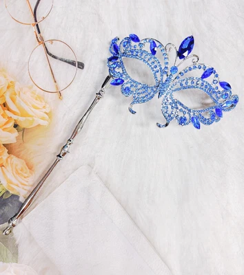 Blue Masquerade Mask, Met Gala Stick Mask, Silver Masquerade Mask, Prom Mask - Image 1 of 4