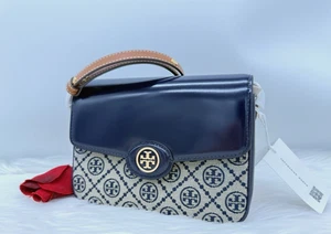 Tory Burch Robinson T Monogram Jacquard & Leather Convertible Bag-Tory Navy~NWT - Picture 1 of 19