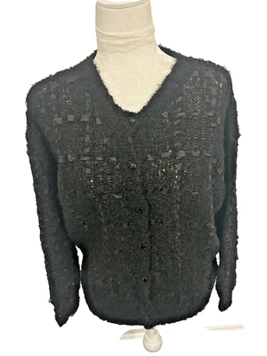 Cárdigan de lana mohair de colección tejido a mano suéter talla M cinta negra bordada Inglaterra Foto 1 de 4