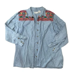 Vintage 90er Liz Claiborne Baumwolle Denim Button-Down-Hemd Damen 14 Azteken Südwesten - Bild 1 von 7