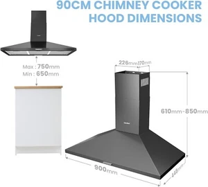 COMFEE' 90 cm Chimney Cooker Hood PYRA17B-90 Extractor Hood with LED Wall Mounte - Picture 1 of 9