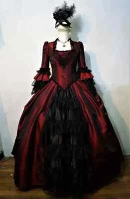 Vestido de novia rojo oscuro y negro con volantes en capas hasta el suelo gótico vintage Foto 1 de 4