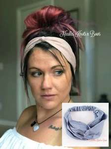 Womens Elastic Pink or Blue Striped Twisted Turban Headband, Yoga, Boho Headband - Picture 1 of 15