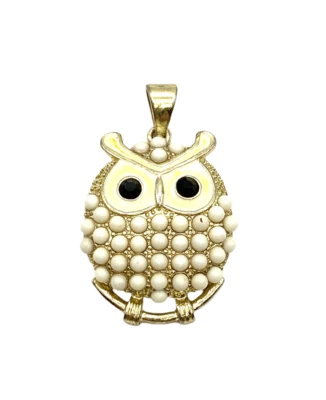 Owl Pendant Black Crystal Eyes & Faux Pearl Cream Enamel Gold Tone Fashion 1.75" - Image 1 of 4