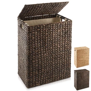 Large Laundry Hamper Clothes Basket with Lid & Liner, Woven Hyacinth Wicker - Picture 1 of 15