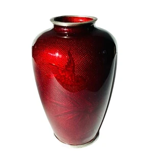 Antique Japanese Akasuke Cloisonne Ginbari Vase 7” Birds & Bamboo Pigeon Blood - Picture 1 of 17