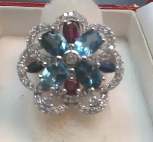 ANELLO 28,34 CTW TOPAZIO BLU CIELO, ZAFFIRO FANTASIA, AMETISTA ORO 14k su argento misura 7 - Foto 1 di 5