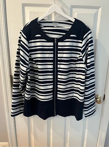 Avenue Navy & White Stripe Coastal Nautical Zip Up Collarless Jacket sz 22/24 EU - Picture 1 of 7