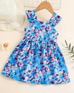Girls Summer Dress Sundress Blue Floral Ruffle Tank Dress SZ 3/4 - Picture 1 of 3
