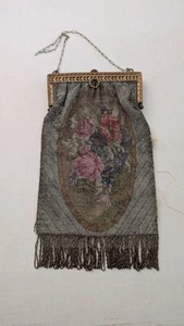 Antique Micro Beaded Floral Purse France AS IS 11 x 6 " Museum Deaccession Lot 1 - Picture 1 of 14