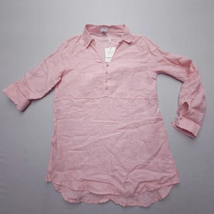 Sigrid Olsen 100% Linen Top Womens Medium Pink Collar Blouse Tunic Roll Tab NWT - Picture 1 of 10
