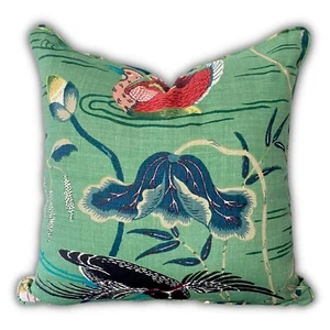 Schumacher Lotus Garden Cushion in Jade. Screen-printed. 100% Linen. 50cm x 50cm - Picture 1 of 5