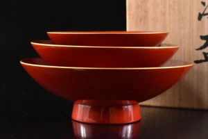 F9356: Japanese Wooden Wajima lacquer SAKE CUP 3pcs, w/signed box Sake vessels - Picture 1 of 10
