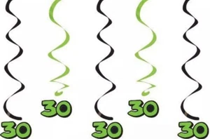 30th Birthday Hanging Swirls 5 dizzy danglers in pkg black & green colors - Picture 1 of 1
