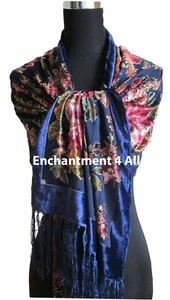 Elegant 100% Silk Burnout Velvet Vintage Floral Oblong Scarf Shawl, Navy Blue - Picture 1 of 4