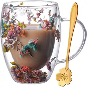 Gifts for Women Dried Flowers Double Wall Glass Coffee Mugs Cute Glass Tea Cups - Picture 1 of 8