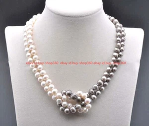 Natural 2 Rows 8-9mm Genuine White & Gray Akoya Cultured Pearl Necklace 18" AAA - Picture 1 of 12