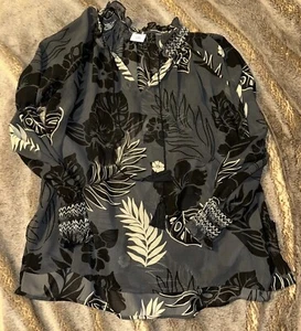 CAbi Aloha Blouse Style 5597 Semi Sheer Black Print Long Sleeve Smocking  M T11 - Picture 1 of 8