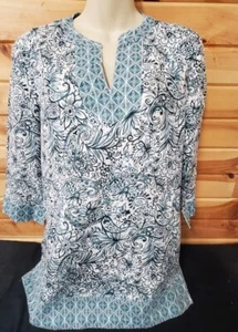 Túnica Sigrid Olsen 100 % lino azul floral manga 3/4 - Imagen 1 de 9