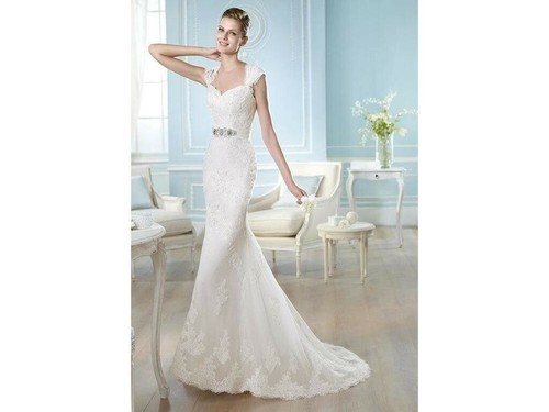 OFF WHITE Abito da sposa a sirena San Patrizio Haliza 8 10 12 fascia in pizzo bianco sporco $1.608