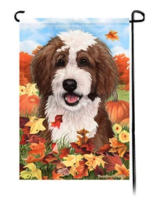 Falling Leaves Garden Flag - Chocolate and White Bernedoodle - Picture 1 of 1