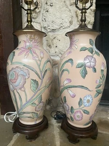 Vintage Chinoiserie Floral Table Lamps with Oriental Flowe Design Set 2 Ceramic - Picture 1 of 11
