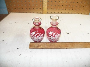Vintage Czechoslovakian Cranberry Glass w/ Hand-Painted Flowers Perfume Bottles - Picture 1 of 8