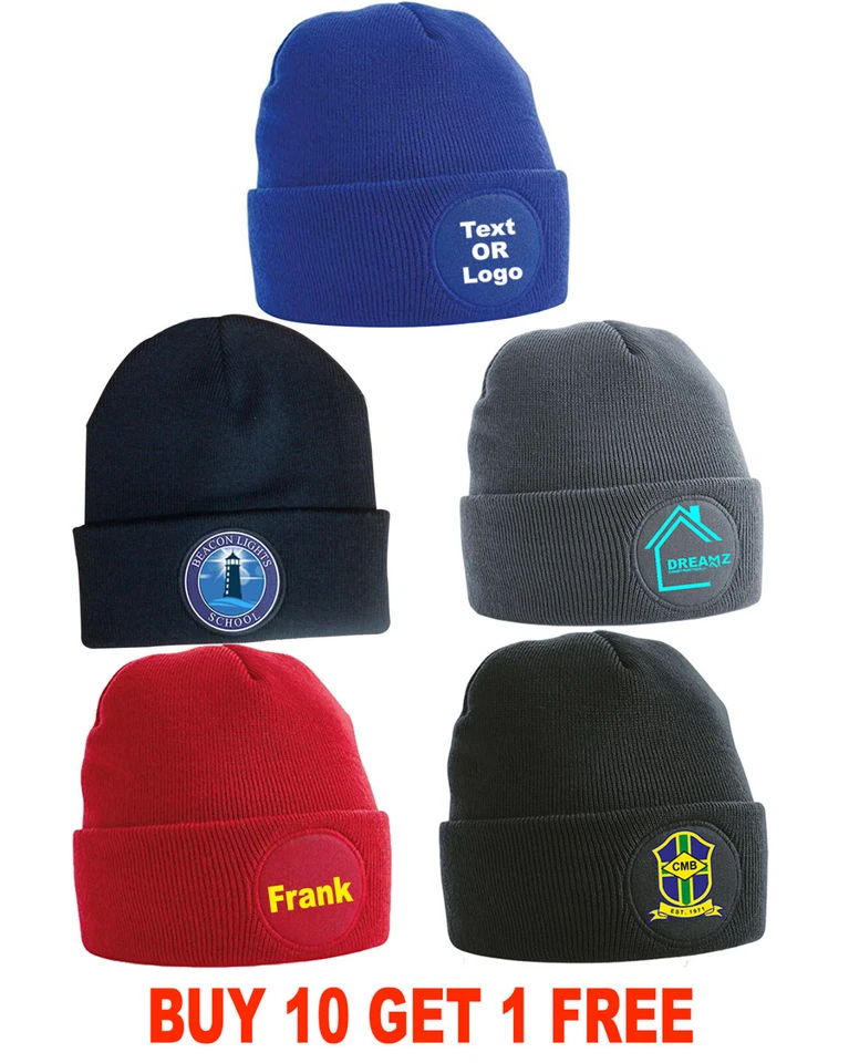 Custom Printed Personalised Woolly Beanie Hat Headwear Workwear Promotion